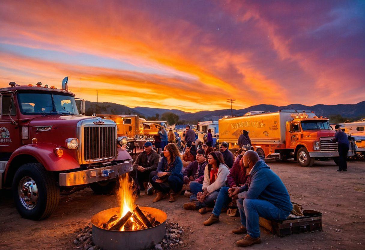 A warm scene depicting a diverse group of truckers gathered around a campfire under a starlit sky, sharing stories and laughter, with vintage trucks parked nearby. The atmosphere is infused with love and camaraderie, showcasing different cultures through clothing and food, with heart-shaped decorations subtly placed in the background. The vibrant colors of the sunset illuminate the scene, emphasizing the bond within the community. painting. vibrant colors. warm tones.
