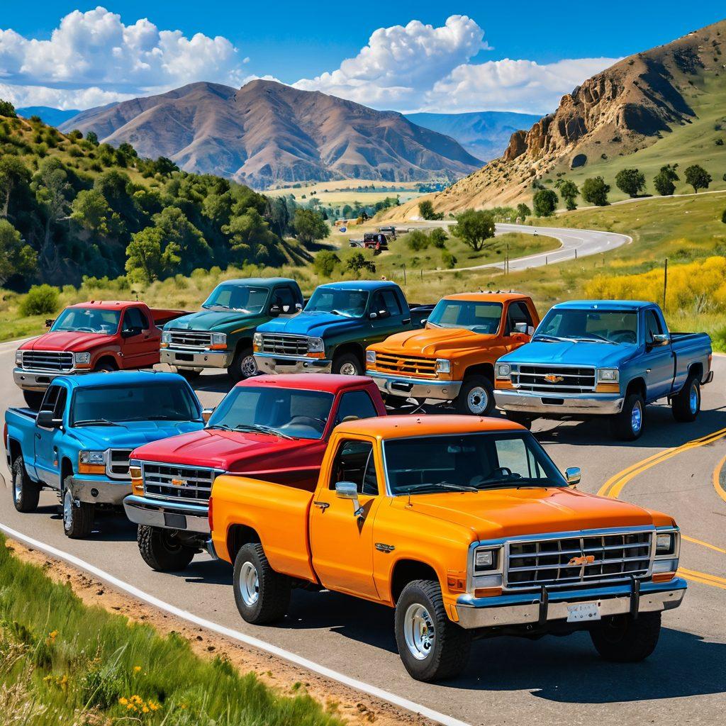 A diverse group of truck enthusiasts gathered around vibrant, custom trucks, sharing stories and laughter. In the background, a picturesque landscape with an open road and rolling hills, symbolizing adventure and camaraderie. Emphasize the community spirit with warm colors, and include elements like tools and truck parts for a hands-on feel. super-realistic. vibrant colors. open landscape.