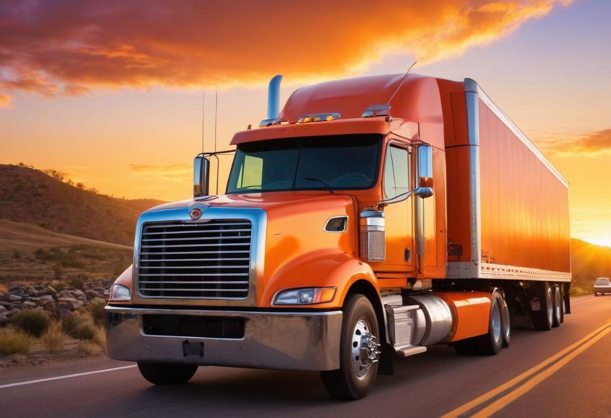 A rugged yet warm-hearted scene of truck drivers gathered around a large, colorful truck, sharing stories and laughter under a vibrant sunset. The rich details include supportive gestures, camaraderie, and diverse personalities, showcasing the affectionate side of trucking culture. The background features open roads and a clear sky to symbolize freedom and adventure, with a warm color palette to evoke feelings of community. cartoon style. vibrant colors. dynamic composition.